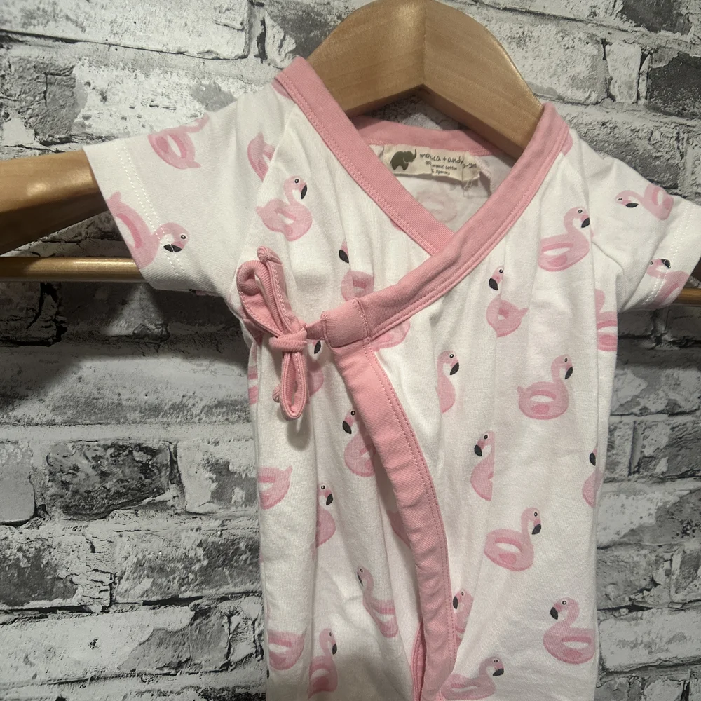 EUC Monica + Andy Pink and White Flamingo Baby Snap Up One Piece Size 0-3 Months